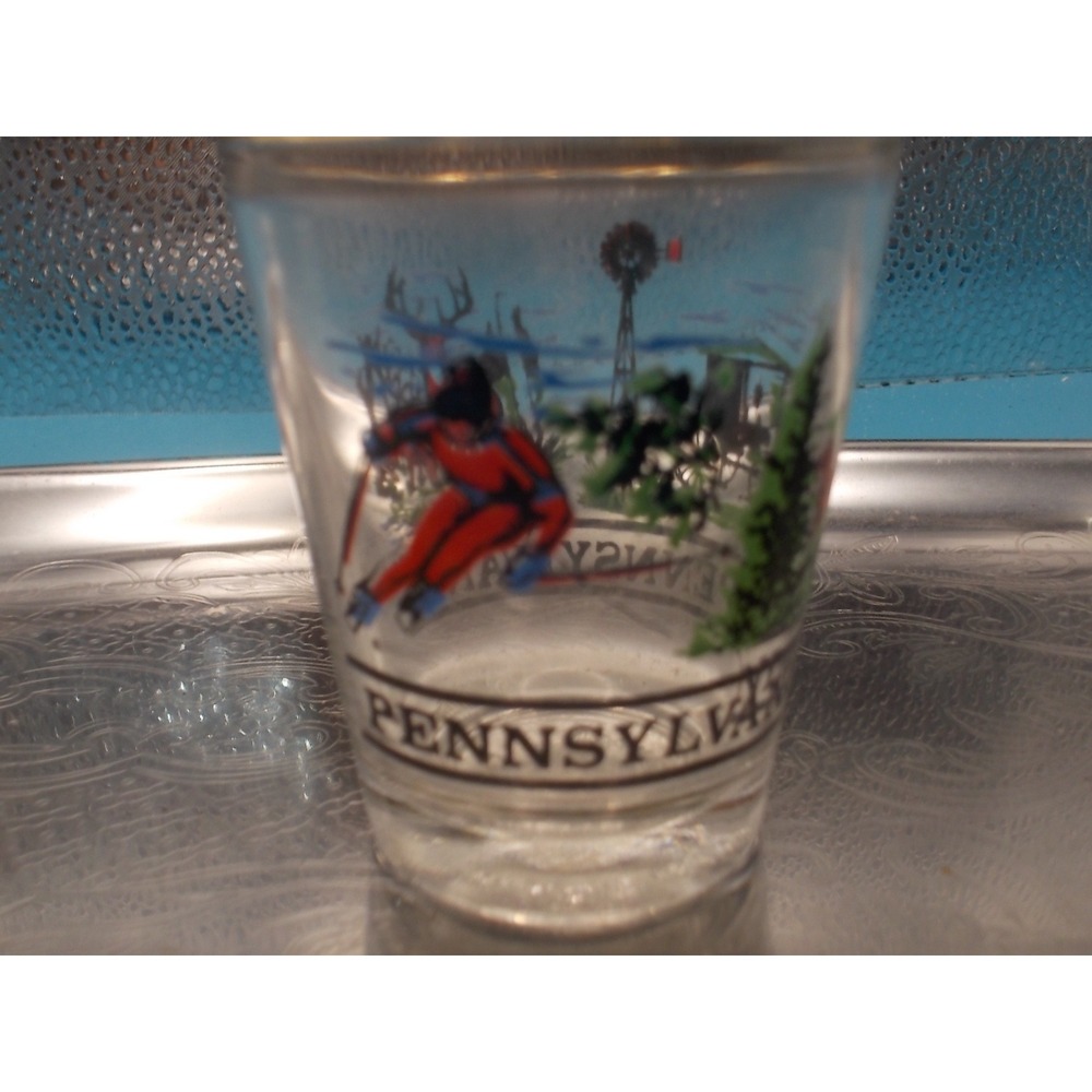 Pennsylvania Souvenir Shot Glass Gold Rim Skier Buck Horse Buggy Windmill Art